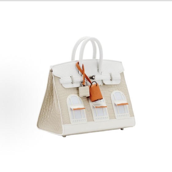 HERMES爱⻢仕 Birkin 20 银扣初雪⽩房⼦包铂⾦包 ⼥款 ⽔泥灰拼⽩⾊拼雾霾蓝